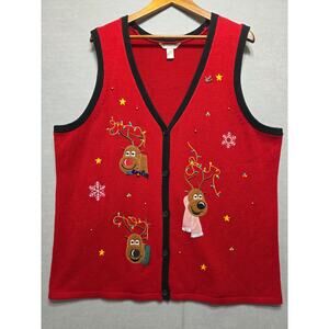 White Stag 3X 22W 24W Red Ugly Christmas Sweater Vest Reindeer Lights Applique